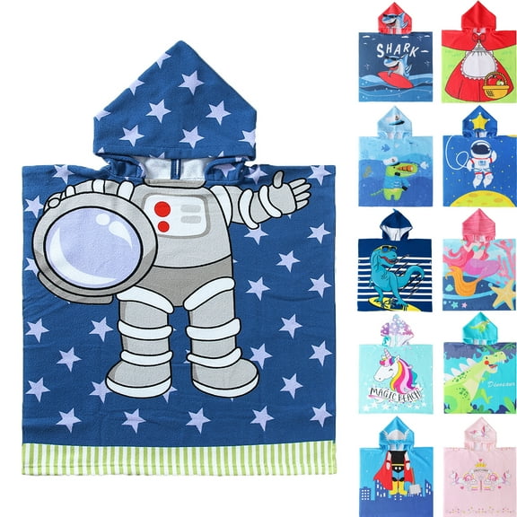 NovForth Astronaut Kids Hooded Beach Towel Pool Bath Towel Soft Absorbent Poncho, 24" x 24", Blue
