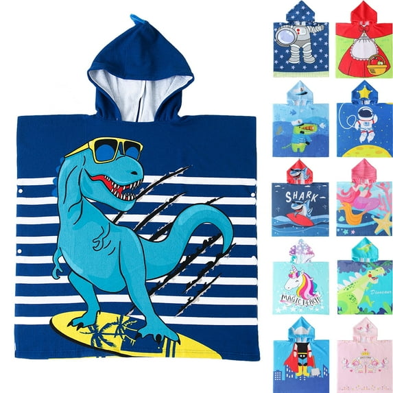 NovForth Dinosaur Kids Hooded Beach Towel Pool Bath Towel Soft Absorbent Poncho, 24" x 24", Blue