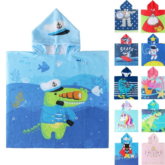 NovForth Hippo Kids Hooded Beach Towel Pool Bath Towel Soft Absorbent Poncho, 24" x 24", Blue