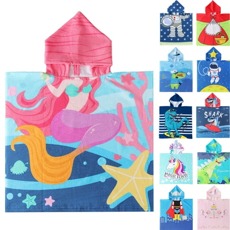 NovForth Mermaid Kids Hooded Beach Towel Pool Bath Towel Soft Absorbent Poncho, 24" x 24", Pink