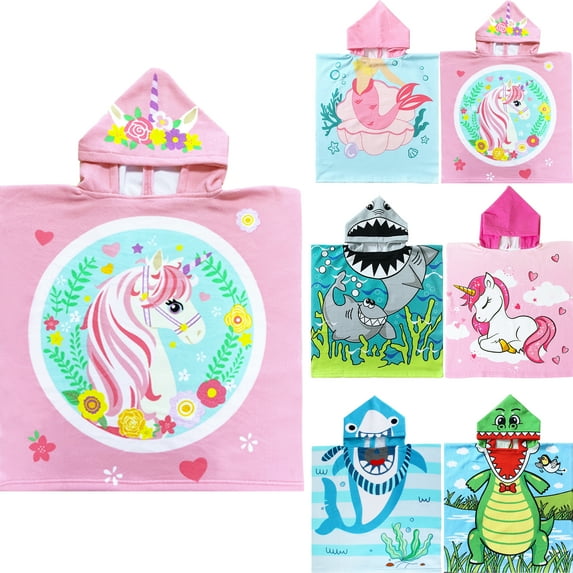 NovForth Round Unicorn Kids Hooded Beach Towel Pool Bath Towel Soft Absorbent Poncho, 24" x 24", Pink, Bath Towel