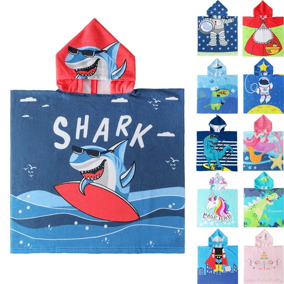 NovForth Shark Kids Hooded Beach Towel Pool Bath Towel Soft Absorbent Poncho, 24" x 24", Blue