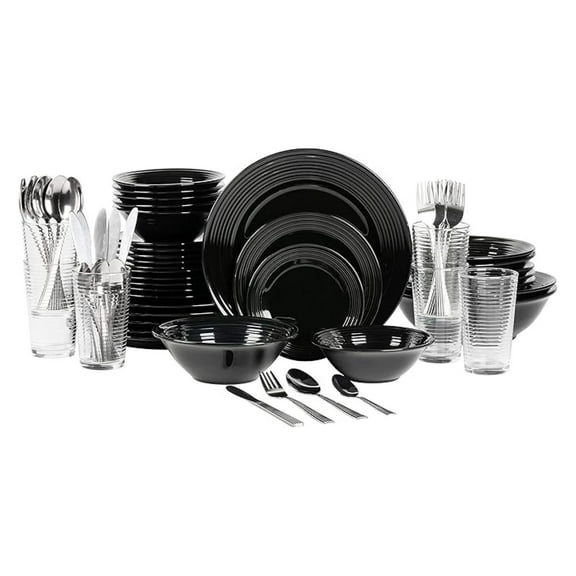 Nova Black Dinnerware Set, 62-Piece - Round Stoneware Tableware for 6, with Glass & Flatware