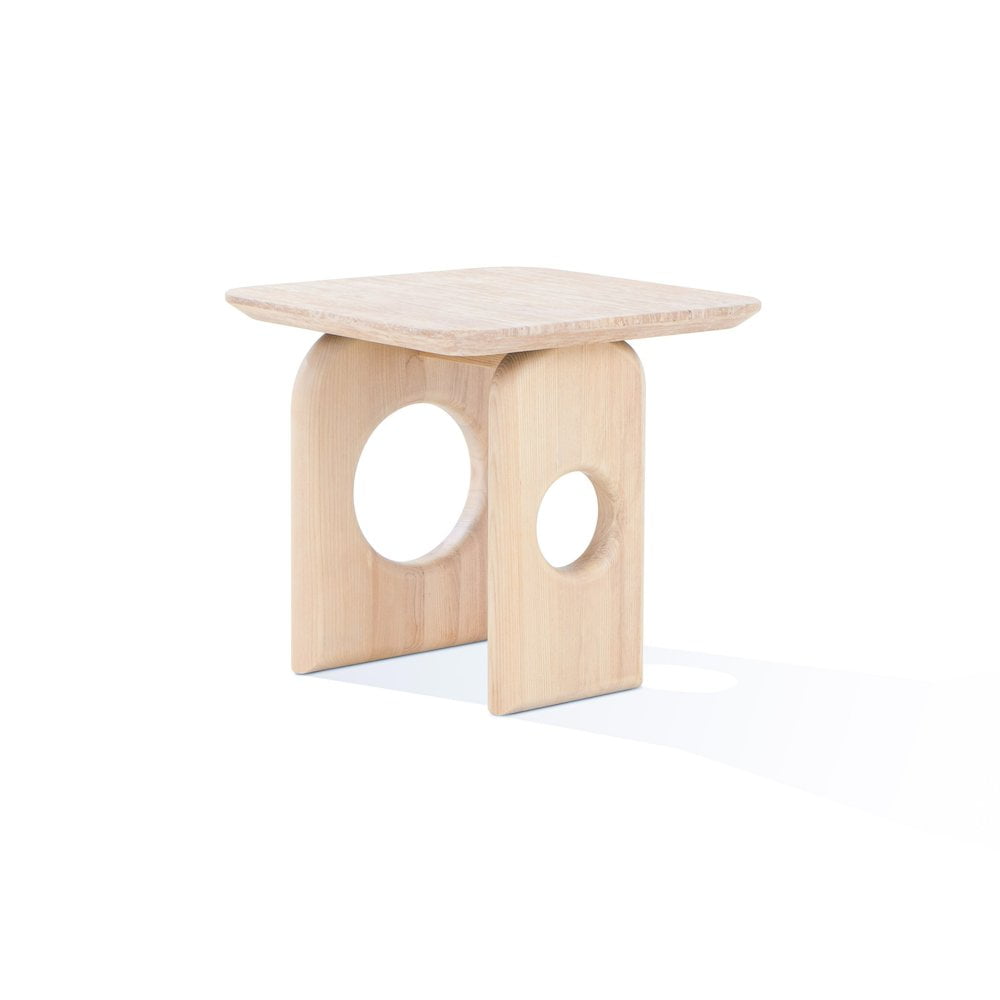 Beige Faux Marble and Ash Wood Square End Table