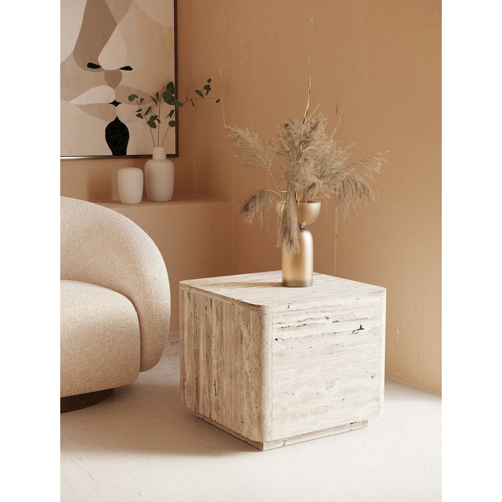 Modern Beige Faux Travertine Square End Table