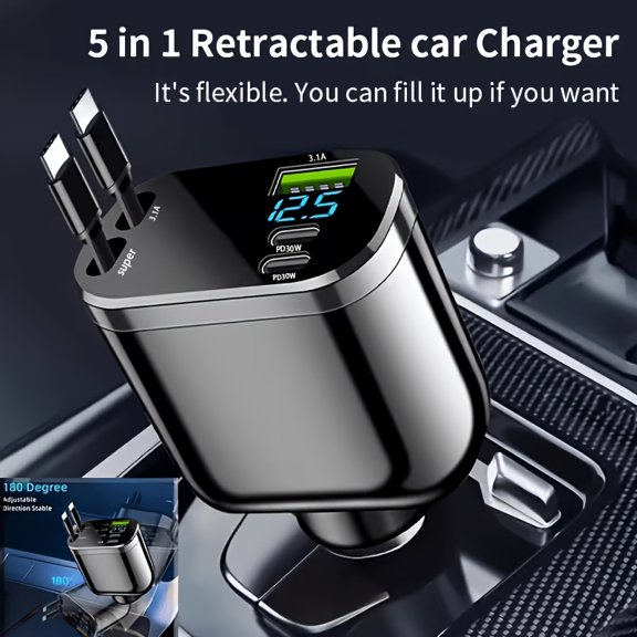 Nova Dual Retractable Cable Car Charger, Multi-Protocol Super Fast Charging Compact Vehicle Power Adapter, Low Temperature Safe Charging for USB-C Devices, Battery-Free Mini Car Charger