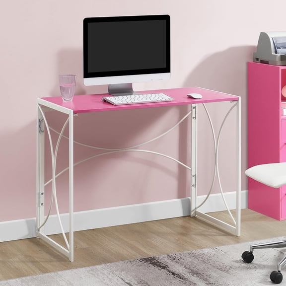 Nova Folding Desk with Metal Frame for Home Office - Compact Pink White Rectangular Writing Table Easy Assembly No Tools Needed