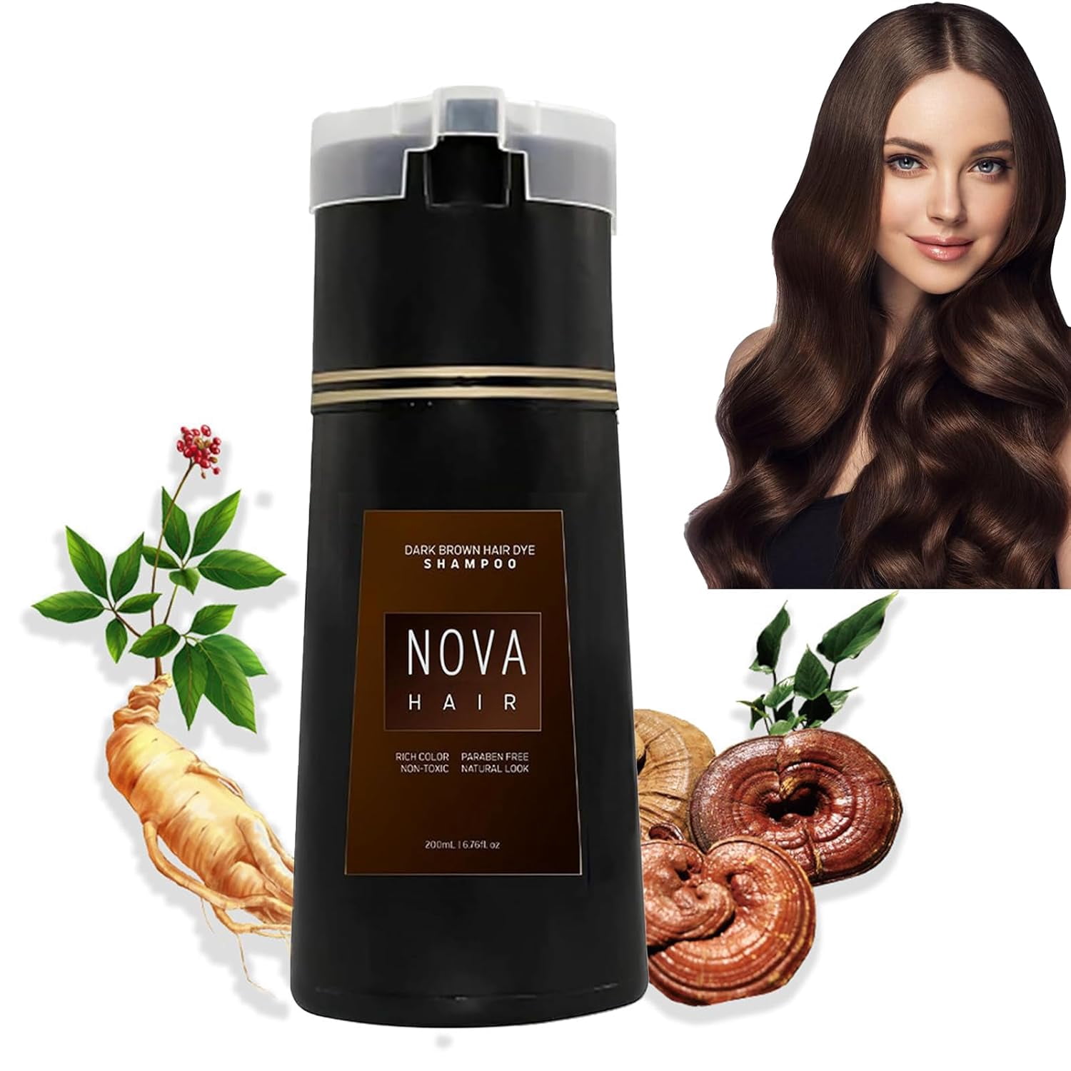 Nova Hair Dye Shampoo, Nova Hair Instant Dye Shampoo, Brown Hair Dye Shampoo 3 in 1, Natural Hair Color Shampoo for Gray Hair, Long Lasting Hair Instant Dye Shampoo for Men & Women
