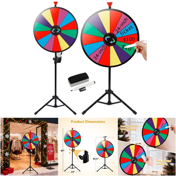 Nova Microdermabrasion 24 Inch Adjustable Heavy Duty Prize Wheel - Dry Erase Marker & Eraser, Rainbow Color, 14 Slots for Carnival Trade Show Games