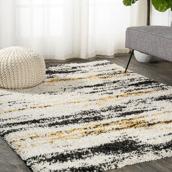 JONATHAN Y LONDON SHAG 4 x 6 Area Rug, Nova Bold Strie - Beige/Black/Yellow, SHG102A-4