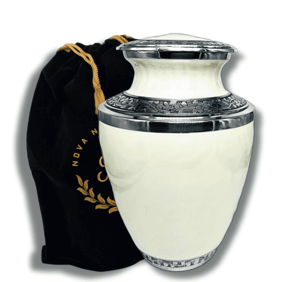 Nova Niche Adult Cremation Urn for Human Ashes  Handcrafted Memorial Urn White with Hand-Engraved Silver Detailing  Large Aluminium Funeral Urn with Velvet Bag 