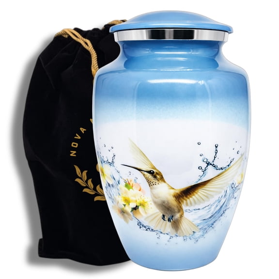Nova Niche Aluminum Cremation Urn for Human Ashes, Adult 200 Cu In, Blue Hummingbird with Velvet Bag