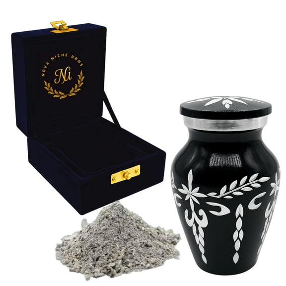 Nova Niche Black Small Cremation Urn for Human Ashes – Handicrafted Memorial Keepsake with Velvet Box.(3"cu.in)