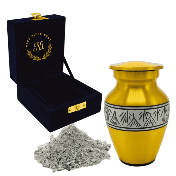 Nova Niche Small Yellow Aluminium Cremation Urn for Human Ashes – Mini Memorial Keepsake with Velvet Case