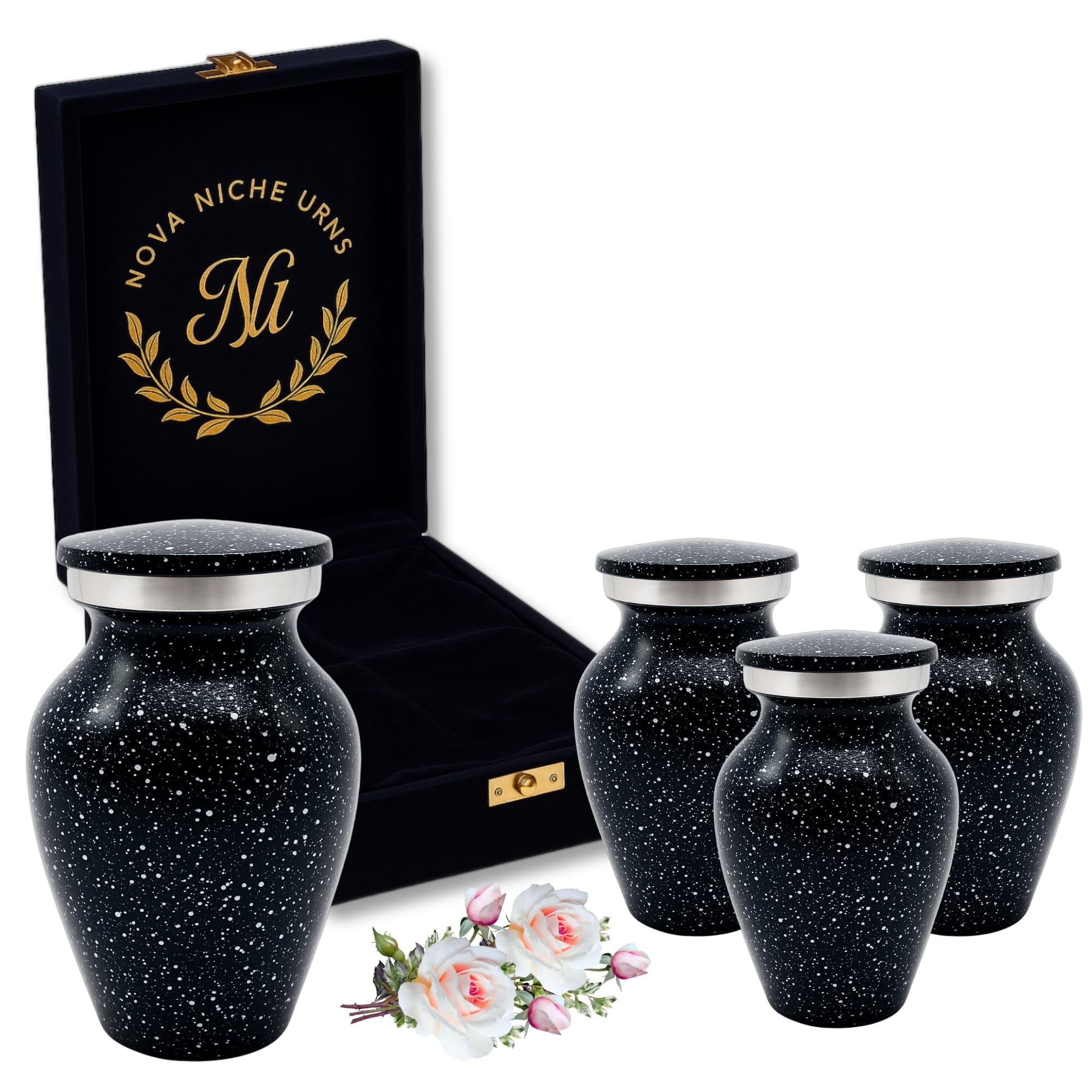 Nova Niche Urns Small Size Cremation Urn for Human Ashes, Mini Keepsake Set of 4 Black and White with Velvet Case
