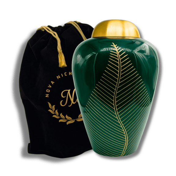 Nova Niche Emerald Green with Golden Leaf-Engraved Cremation Urn for Men & Women  Large Brass Urn for Human Ashes  Handcrafted with Velvet Bag