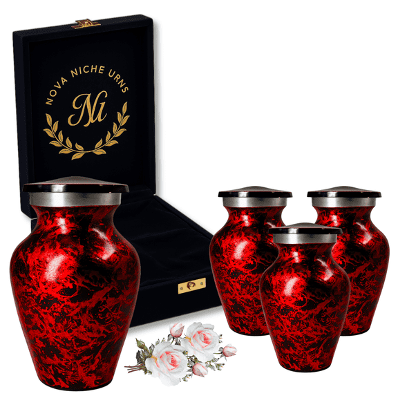 Nova Niche Small Red Aluminium Cremation Urns for Human Ashes – Mini Memorial Keepsake Set of 4 with Velvet Case