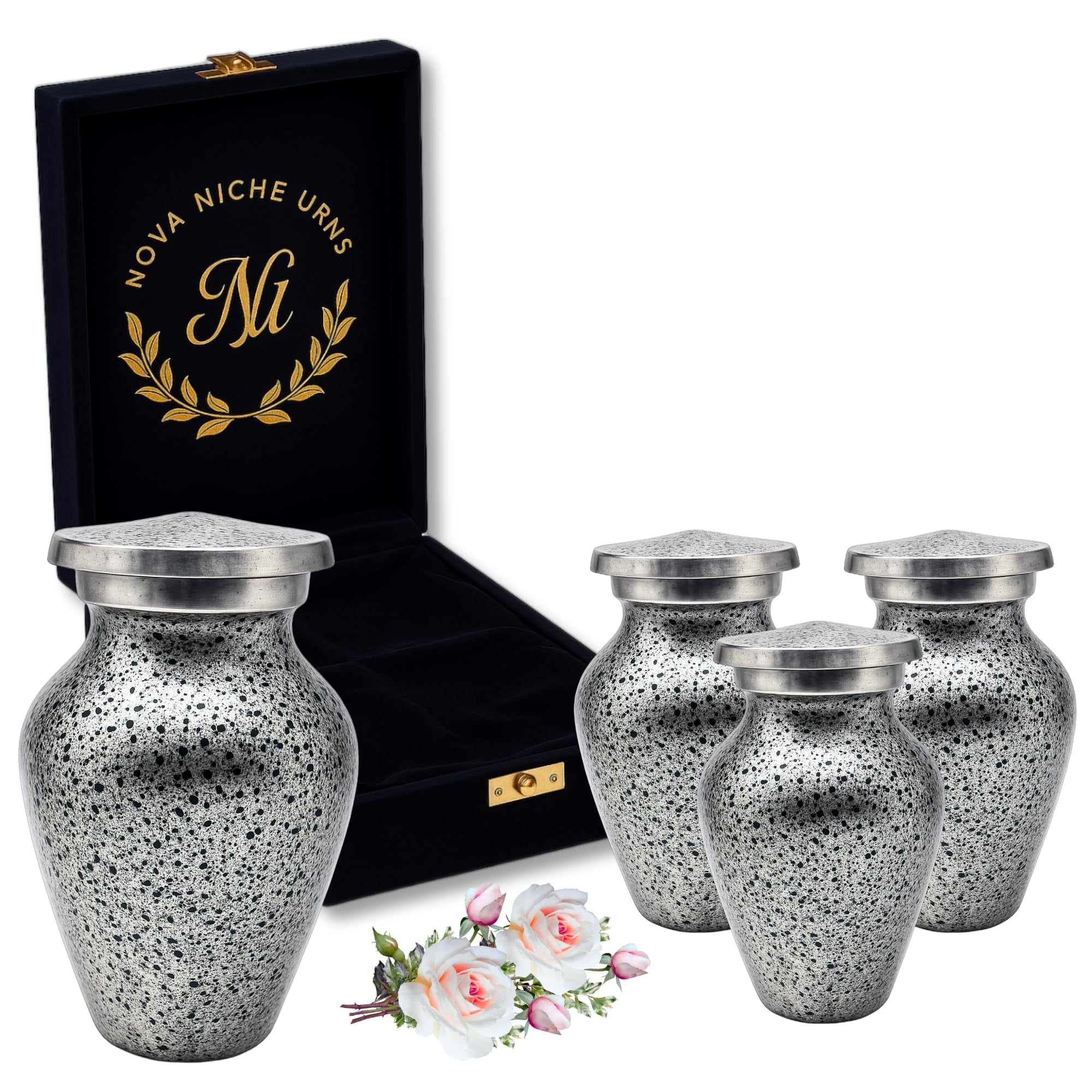 Nova Niche Urns Small Size Cremation Urn for Human Ashes, Mini Keepsake Set of 4 Black and Silver with Velvet Case