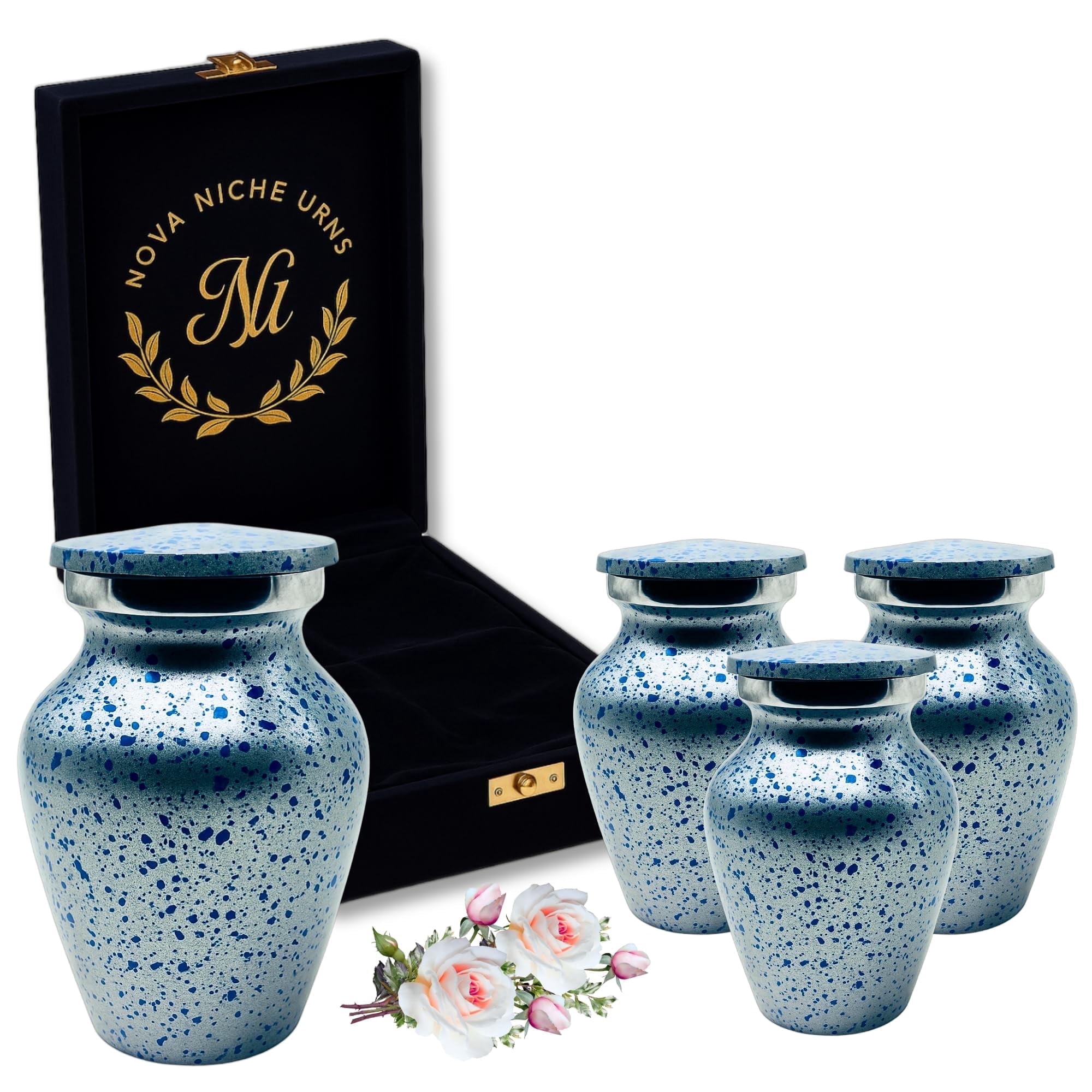 Nova Niche Urns Small Size Cremation Urn for Human Ashes, Mini Keepsake Set of 4 Blue and Silver with Velvet Case