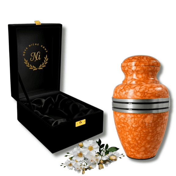Nova Niche Medium Orange Aluminium Cremation Urn for Human Ashes – Adult Memorial Keepsake with Velvet Case