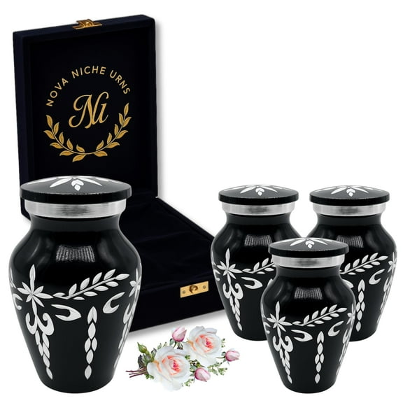 Nova Niche Urns Small Size Cremation Urn for Human Ashes, Mini Keepsake Set of 4 Black with Velvet Case