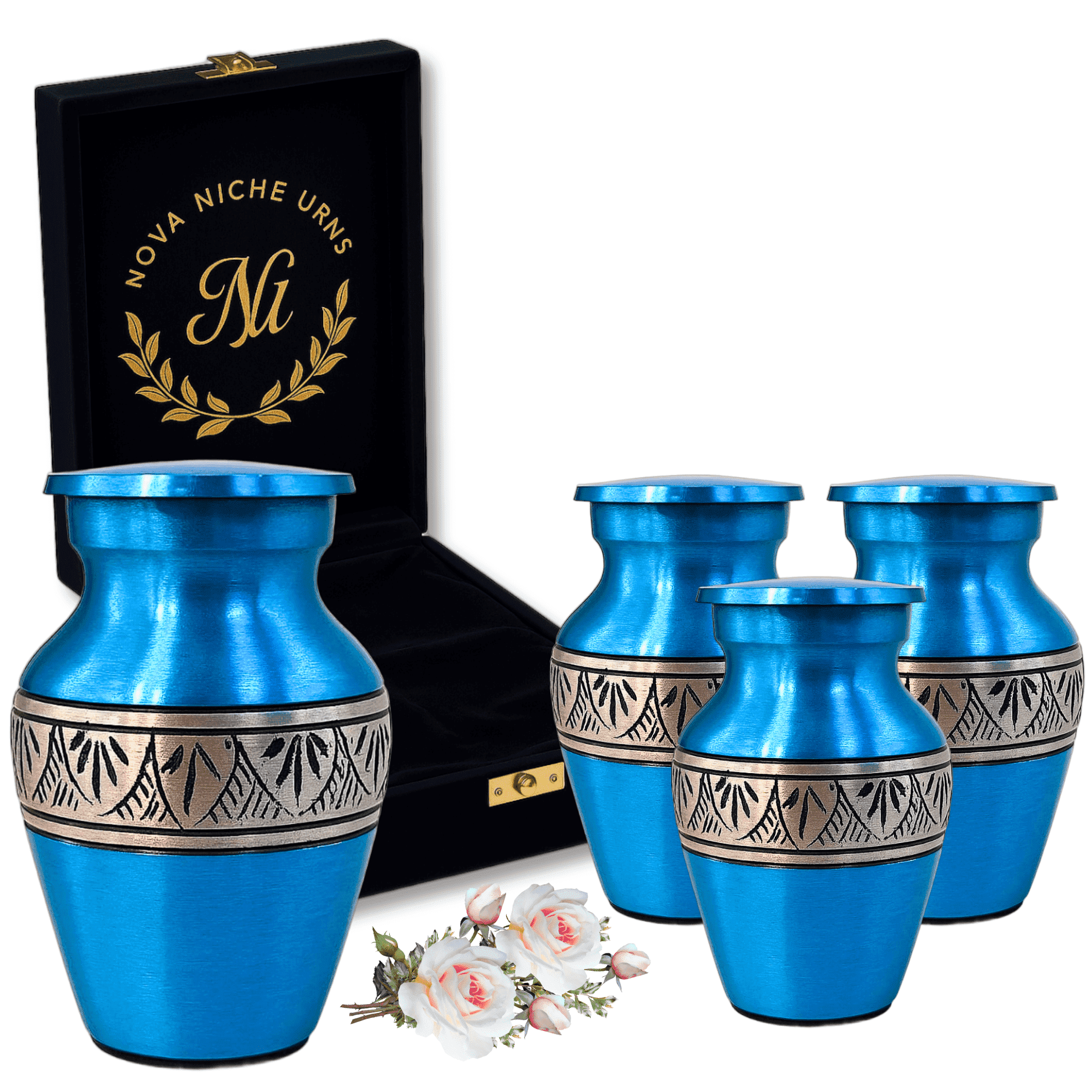 Nova Niche Small Violet Blue Aluminium Cremation Urns for Human Ashes – Mini Memorial Keepsake Set of 4 with Velvet Case