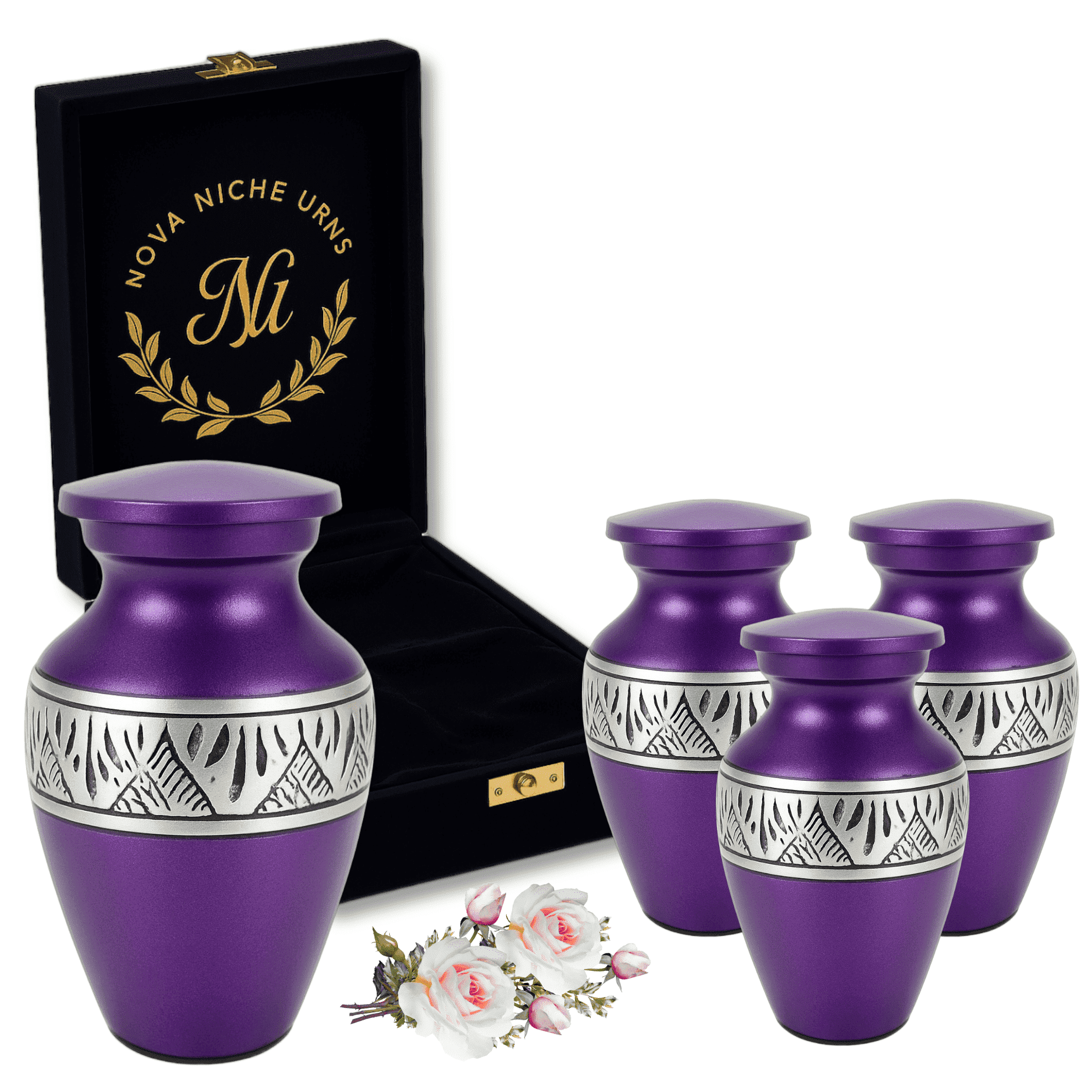 Nova Niche Small Purple Aluminium Cremation Urns for Human Ashes – Mini Memorial Keepsake Set of 4 with Velvet Case