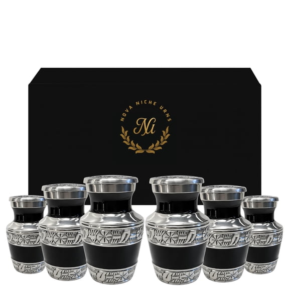 Nova Niche Small Black Aluminum Cremation Urns for Human Ashes, Mini Memorial Keepsake Urn Set of 6 with Protective Storage Box