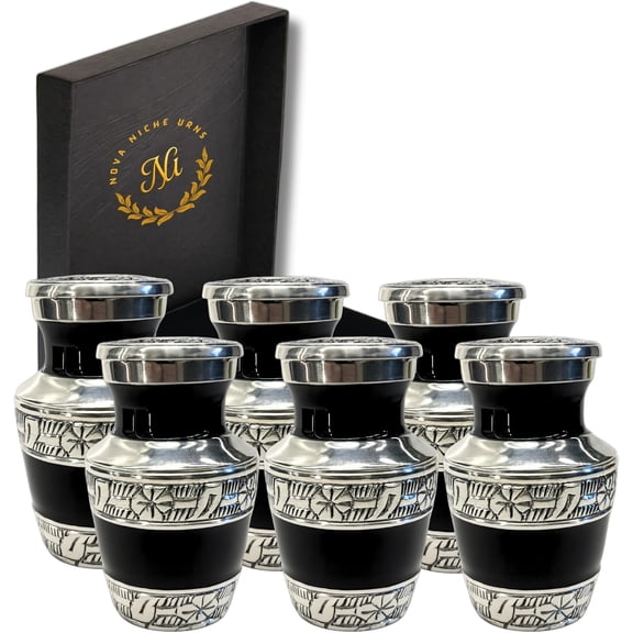 Nova Niche Small Black Aluminum Cremation Urns for Human Ashes, Mini Memorial Keepsake Urn Set of 6 with Protective Storage Box