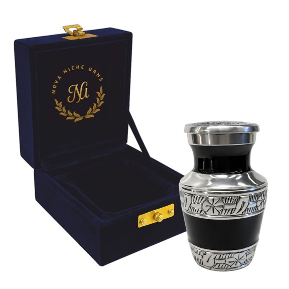 Nova Niche Small Black Aluminum Cremation Urns for Human Ashes, Mini Memorial Keepsake Urn with Protective Storage Box
