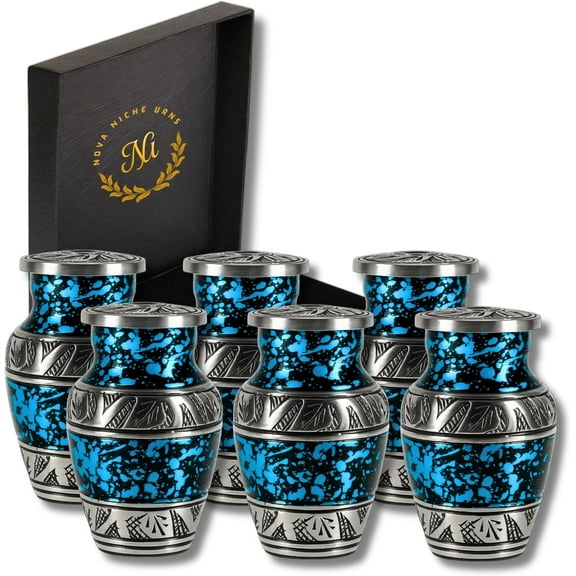 Nova Niche Small Blue Aluminium Cremation Urns for Human Ashes – Mini Memorial Keepsake Set of 6 with Protection Box