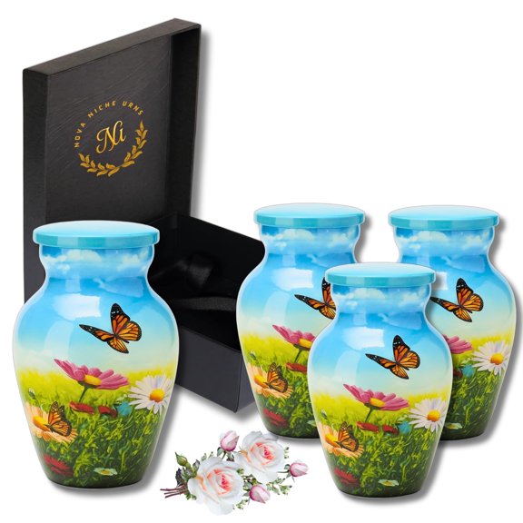 Nova Niche Small Butterfly Meadow Design Aluminium Cremation Urns for Human Ashes – Mini Memorial Keepsake Set of 4 with Protection Box