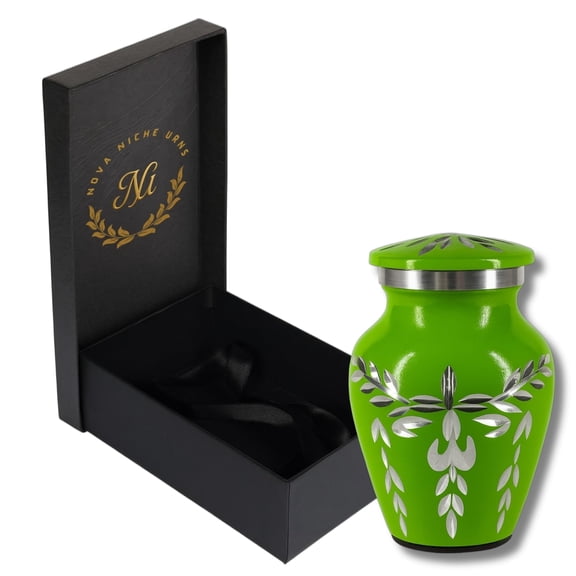 Nova Niche Small Green Aluminium Cremation Urn for Human Ashes – Mini Memorial Keepsake with Protection Box