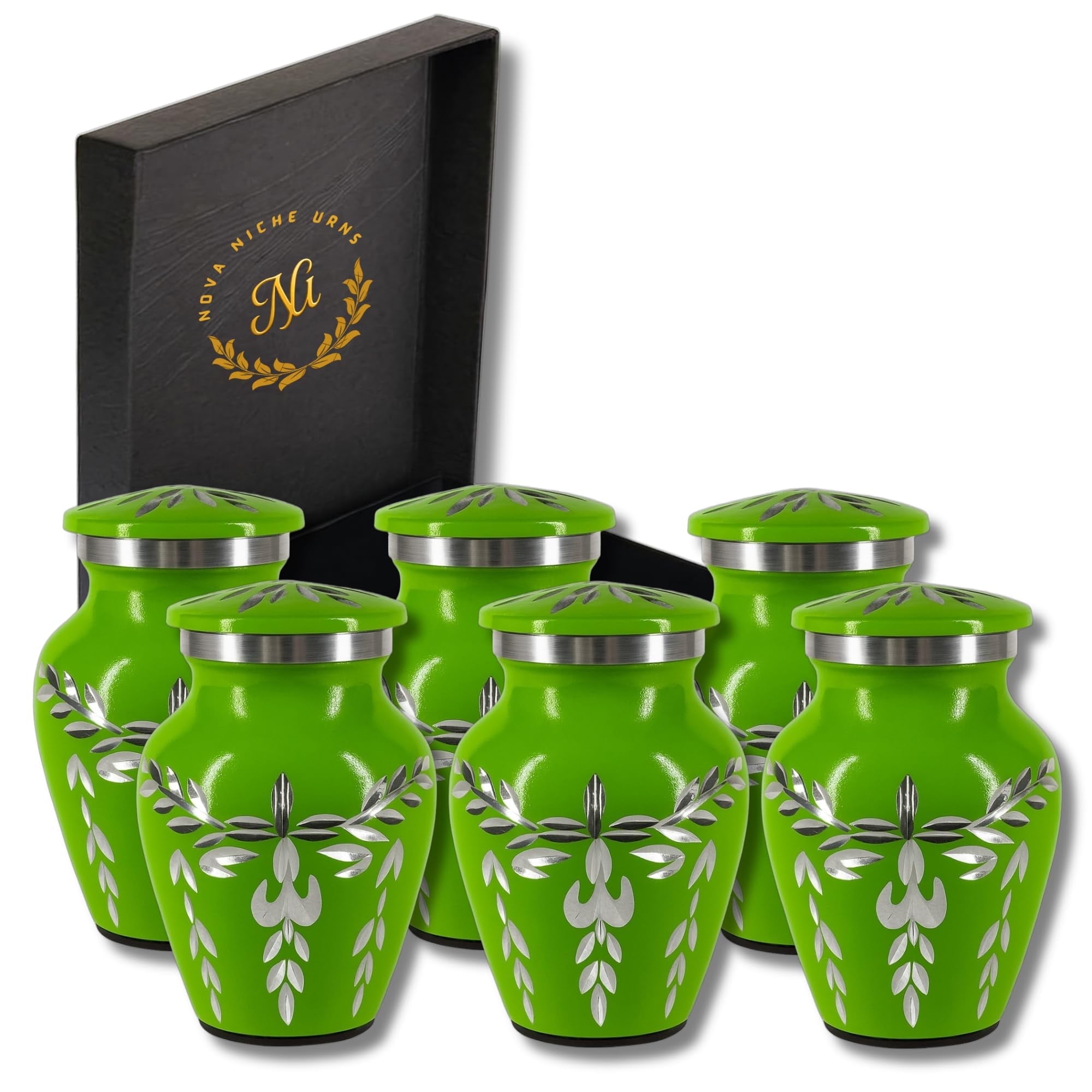 Nova Niche Small Green Aluminium Cremation Urns for Human Ashes – Mini Memorial Keepsake Set of 6 with Protection Box