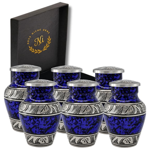 Nova Niche Small Purple Aluminium Cremation Urns for Human Ashes – Mini Memorial Keepsake Set of 6 with Protection Box