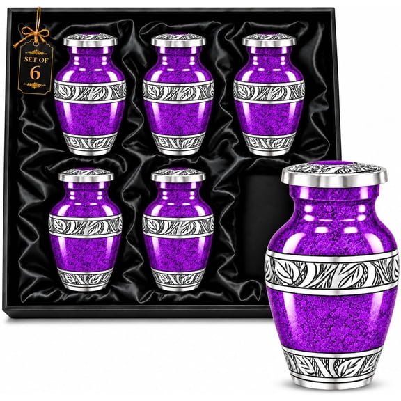 Nova Niche Small Aluminum Cremation Urns for Human Ashes, Mini Keepsake Set of 6 Purple with Protection Box