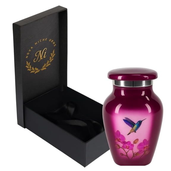 Nova Niche Small Purple With Hummingbird Design Aluminium Cremation Urn for Human Ashes – Mini Memorial Keepsake with Protection Box