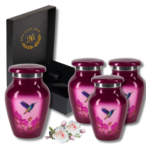 Nova Niche Small Purple With Hummingbird Design Aluminium Cremation Urns for Human Ashes – Mini Memorial Keepsake Set of 4 with Protection Box