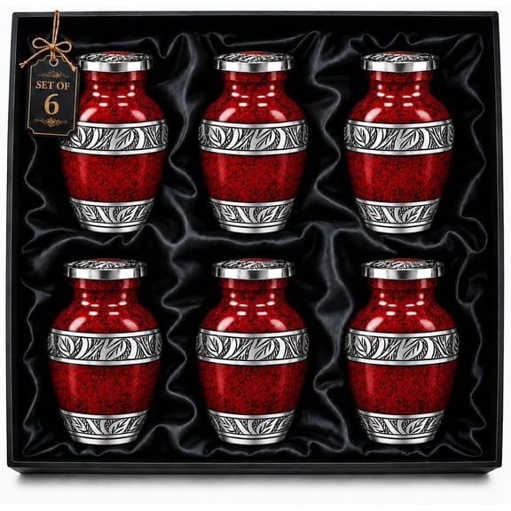 Nova Niche Small Aluminum Cremation Urns for Human Ashes, Mini Keepsake Set of 6 Red with Protection Box