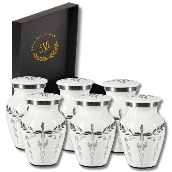 Nova Niche Small White Aluminium Cremation Urns for Human Ashes – Mini Memorial Keepsake Set of 6 with Protection Box