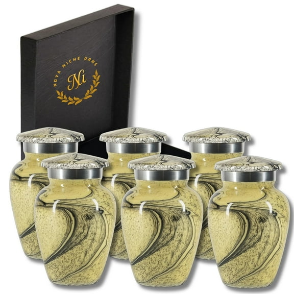 Nova Niche Small Yellow & Black Aluminium Cremation Urns for Human Ashes – Mini Memorial Keepsake Set of 6 with Protection Box