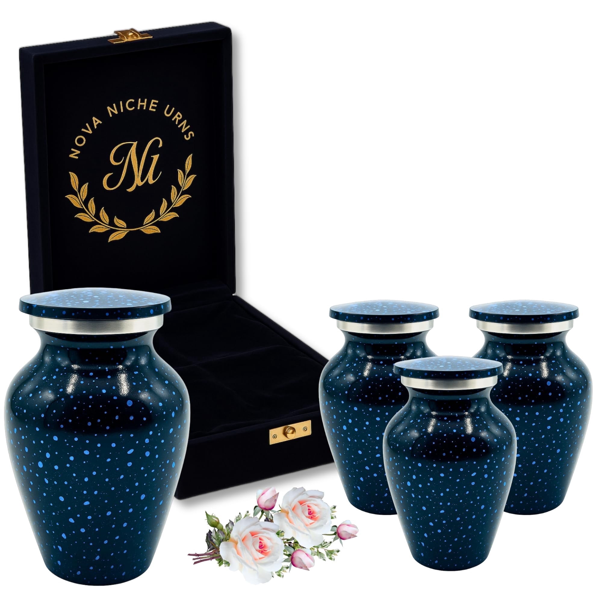 Nova Niche Urns Small Size Cremation Urn for Human Ashes, Mini Keepsake Set of 4 Black and Blue with Velvet Case