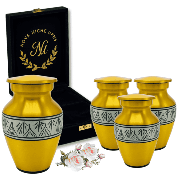Nova Niche Small Yellow Aluminium Cremation Urns for Human Ashes – Mini Memorial Keepsake Set of 4 with Velvet Case