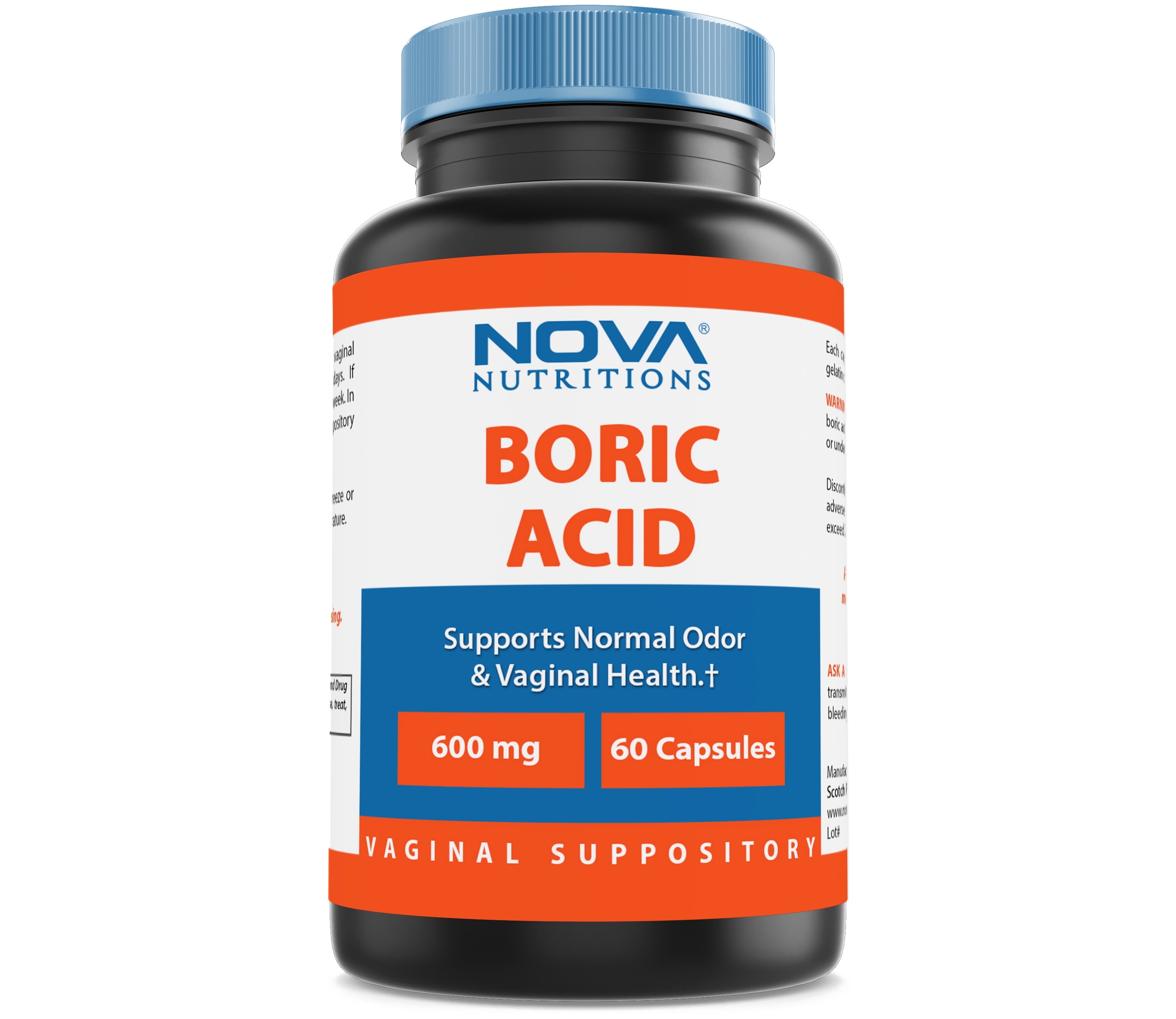 Nova Nutritions Boric Acid Vaginal Suppositories, 60 Tablets - 100% Pure, USP Grade, Made in USA