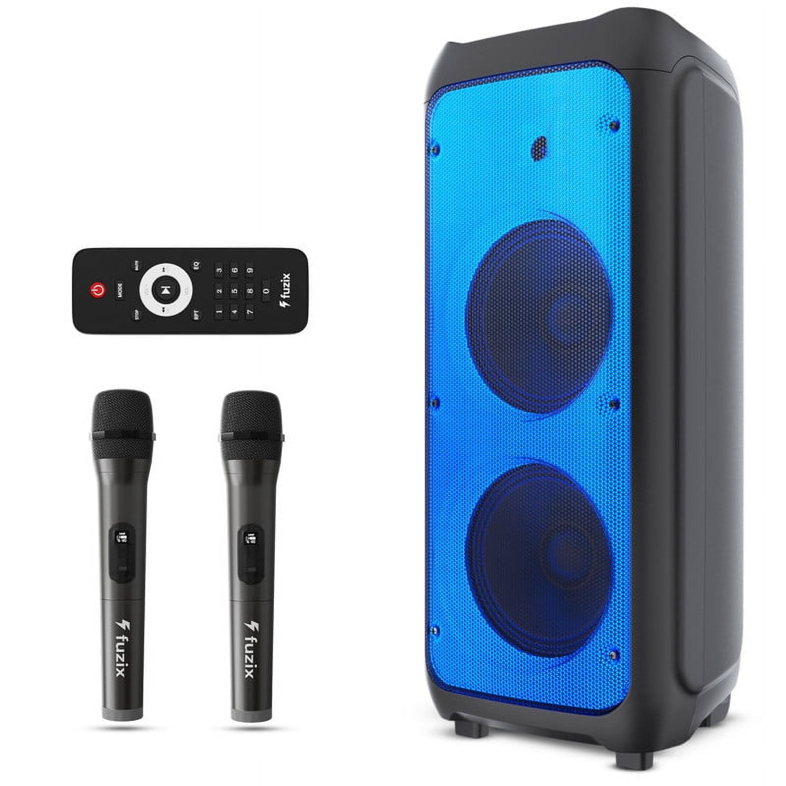 Nova Portable Rechargeable Karaoke Bluetooth Speaker by Fuzix  Dual Wireless Microphones, Dynamic LED Lights, FM Radio, USB, Micro SD with Remote Audio Card Remote Control