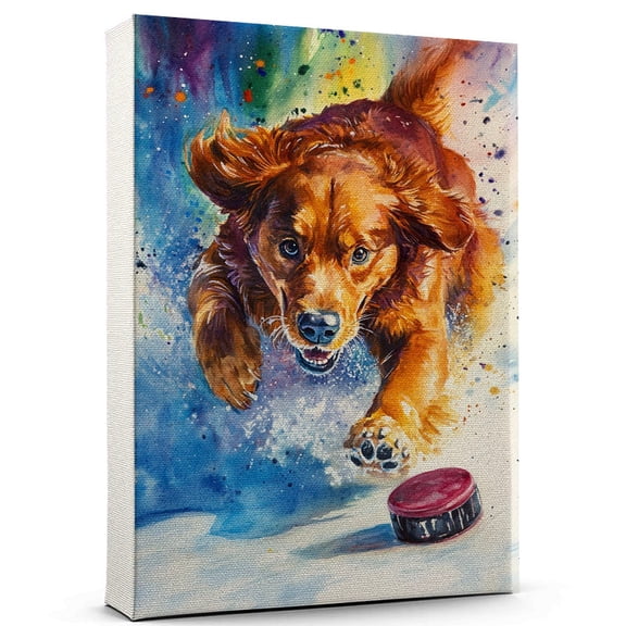 Nova Scotia Duck Tolling Retriever Dog Playing Ice Hockey Wall Stretched Canvas Size 8x12 – Nova Scotia Duck Tolling Retriever Canvas Art for Dog Lovers, Ice Hockey Canvas Wall Decor