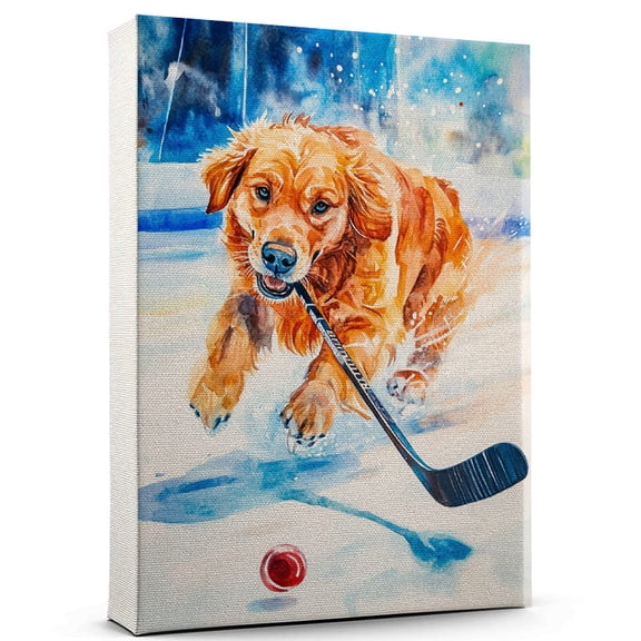 Nova Scotia Duck Tolling Retriever Dog Stretched Canvas Size 8x12 – Ice Hockey Theme Dog Art for Wall, Nova Scotia Duck Tolling Retriever Dog Playing Ice Hockey Wall Art, Dog Lover Canvas Decor
