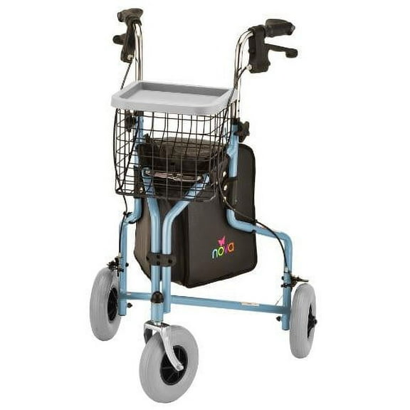 NOVA Medical Products Traveler 3 Wheel Rollator Walker, All Terrain 8 Wheels, Includes Bag, Basket and Tray, Sky Blue, 1 Count (Pack of 1)