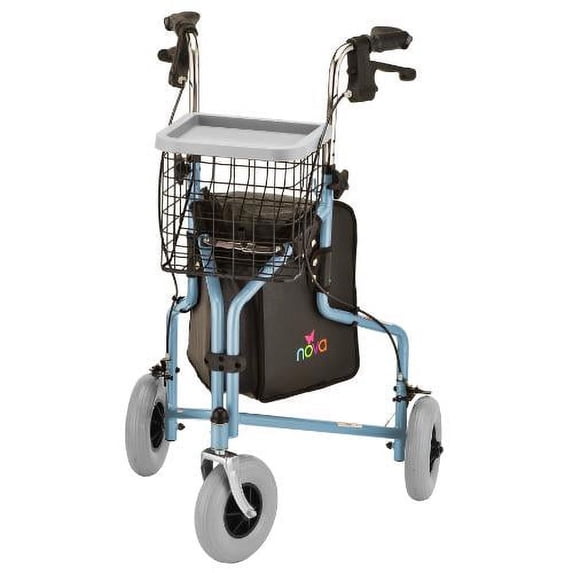 NOVA Medical Traveler 3 Wheel Rollator Walker, All Terrain 8 in Wheels, Sky Blue, with bag, basket and tray