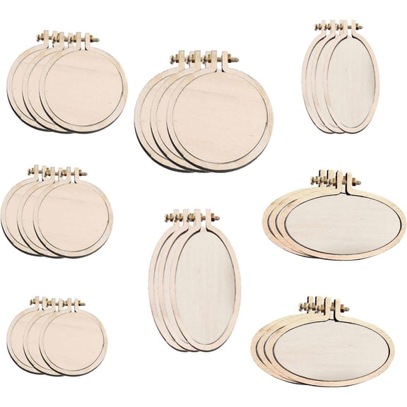 NovaBreeze 24Pcs Mini Wooden Embroidery Hoops, Round & Oval 0.92.3 Inch Small Cross Stitch Frames for DIY Pendant & Keychain Craft